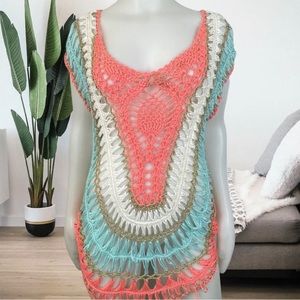 Bebe Womens Size M/L Colorful Boho Y2K Crochet Knit Top Festival Dress Vintage